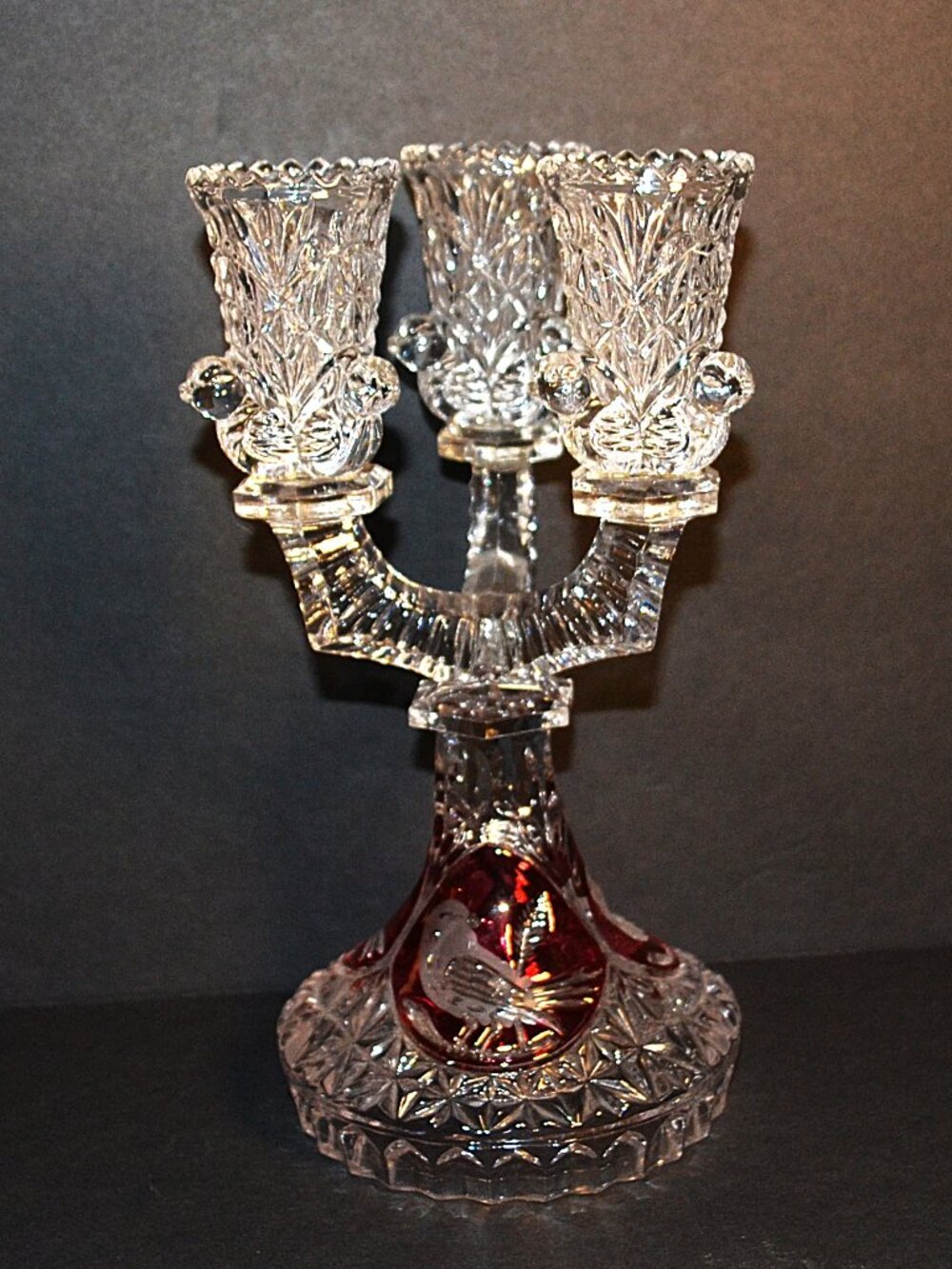Hofbauer Byrdes Ruby Flash Crystal 3 Arm Candelabrum Cut‑to‑Clear Birds